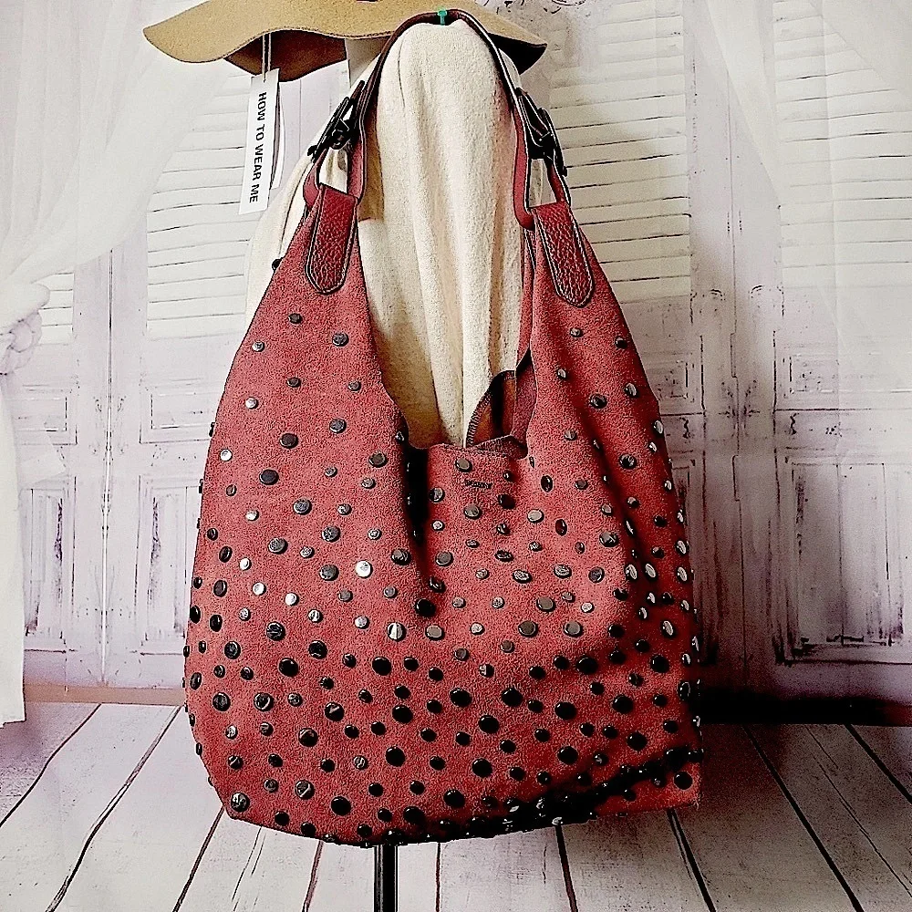 DKNY WES COLLECTION STUDDED BOHO SUEDE BAG OXBORD‎ SHOULDER HOBO PURS…
